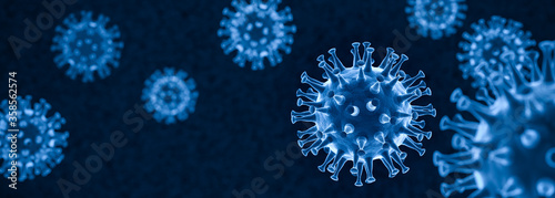 3D render: Corona virus SARS-CoV-2 - Schematic image of viruses of the Corona family in blue color. Selective focus photo