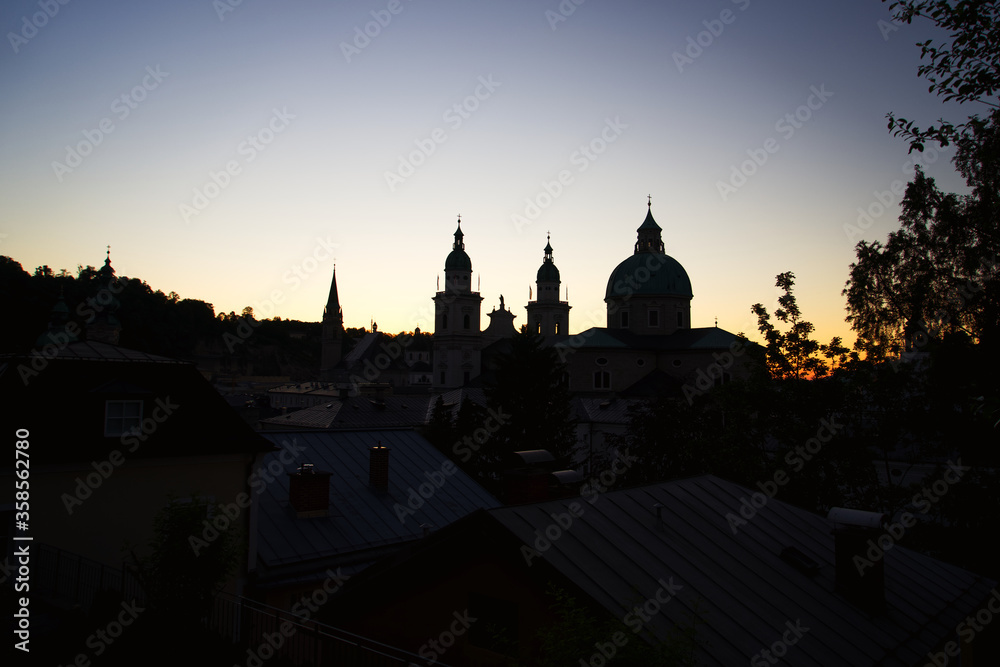 Salzburg contour skyline in Austria at night
