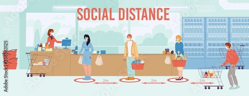 Safe social distance up to two meter at supermarket queue instruction poster. People wearing protective respiratory facial mask keeping distancing to protect from seasonal flu coronavirus infection
