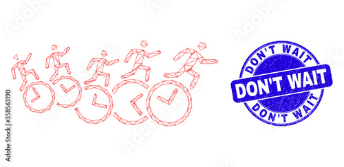 Web mesh people run over clocks pictogram and Don'T Wait seal. Blue vector rounded scratched stamp with Don'T Wait phrase.