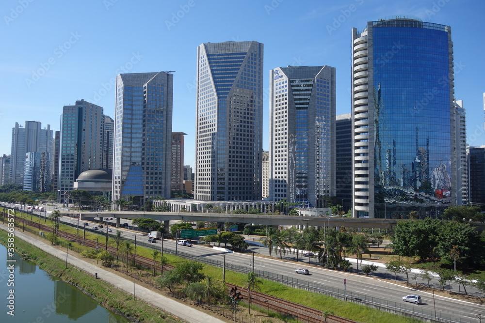 Sao Paulo/Brazil: Tiete river, cityscape and buildings
