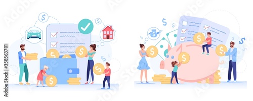 Anti-crisis family budget planning set. Father, mother, children accounting savings, income, profit, discussing purchases, making economic solution. People, piggy-bank, wallet, money cash, check-list