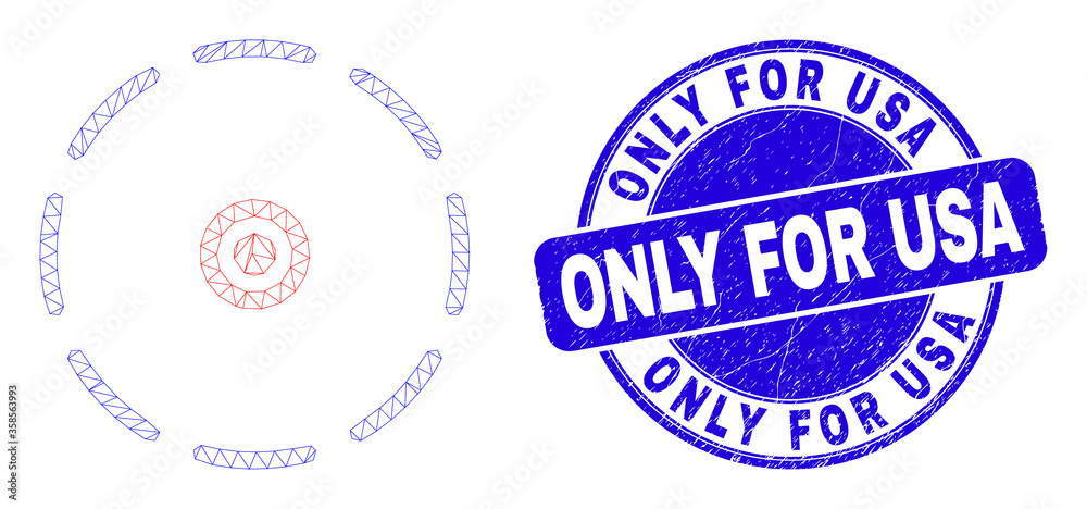Web mesh round perimeter icon and Only for USA seal. Blue vector rounded textured seal with Only for USA text. Abstract frame mesh polygonal model created from round perimeter icon.