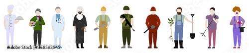 Set of flat vector characters of men of different professions. Artist, doctor, clown, judge, cook, military, farmer, singer, fireman, builder. Isolated on white background.
