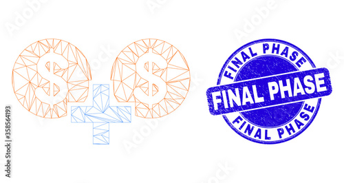 Web mesh financial sum icon and Final Phase seal stamp. Blue vector round distress seal with Final Phase text. Abstract carcass mesh polygonal model created from financial sum icon.