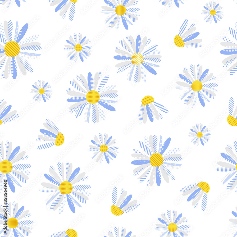 Seamless pattern of white and blue daisies on a white background. For paper, textile, backgrounds. Vector Seamless pattern of white and blue daisies on a white background. For paper, textile, backgrounds. Vector
