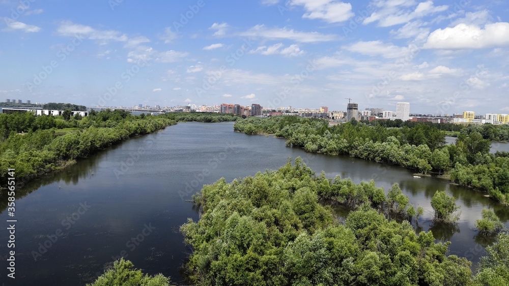 A wide river flows among green banks. Summer landscape