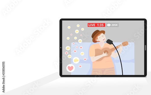 Many viewers are watching. The singer is performing a concert online.New normal,LIVE,Streaming,vector,illustration.stay home.corona virus,like,love.