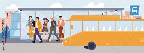 Young people without mask get off bus at public transport stop. Teenager boy girl student passenger characters arriving at station platform. City infrastructure. Walking teens group. Urban life