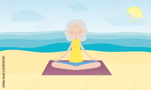 Yoga on the beach. Elderly woman in the Lotus position on the beach. Yoga class. Woman doing yoga. Healthy lifestyle. Flat cartoon style vector illustration. © Anna Kormshchikova