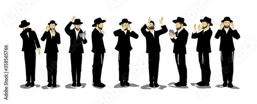 Illustration of Orthodox Jewish chassidim praying and crying. With a hat and a suit.
Each character takes a different action: begging, calling in the arrangement, punching his heart, raising his hands photo