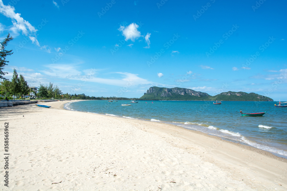 landscape fishing boats on the sea with blue sky background, at Hua-Hin District, Thailand landscape fishing boats on the sea with blue sky background, at Hua-Hin District, Thailand