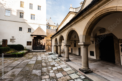 inner yard of carmelite monastery with arch gallery in lviv  ukraine