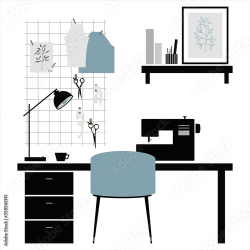 Table icon. Sewing, handmade, hobby. Cozy and comfortable workplace, office, minimalist scandinavian interior, freelance. Sweet Home. Great for postcards, textiles, stickers. Isolated white background