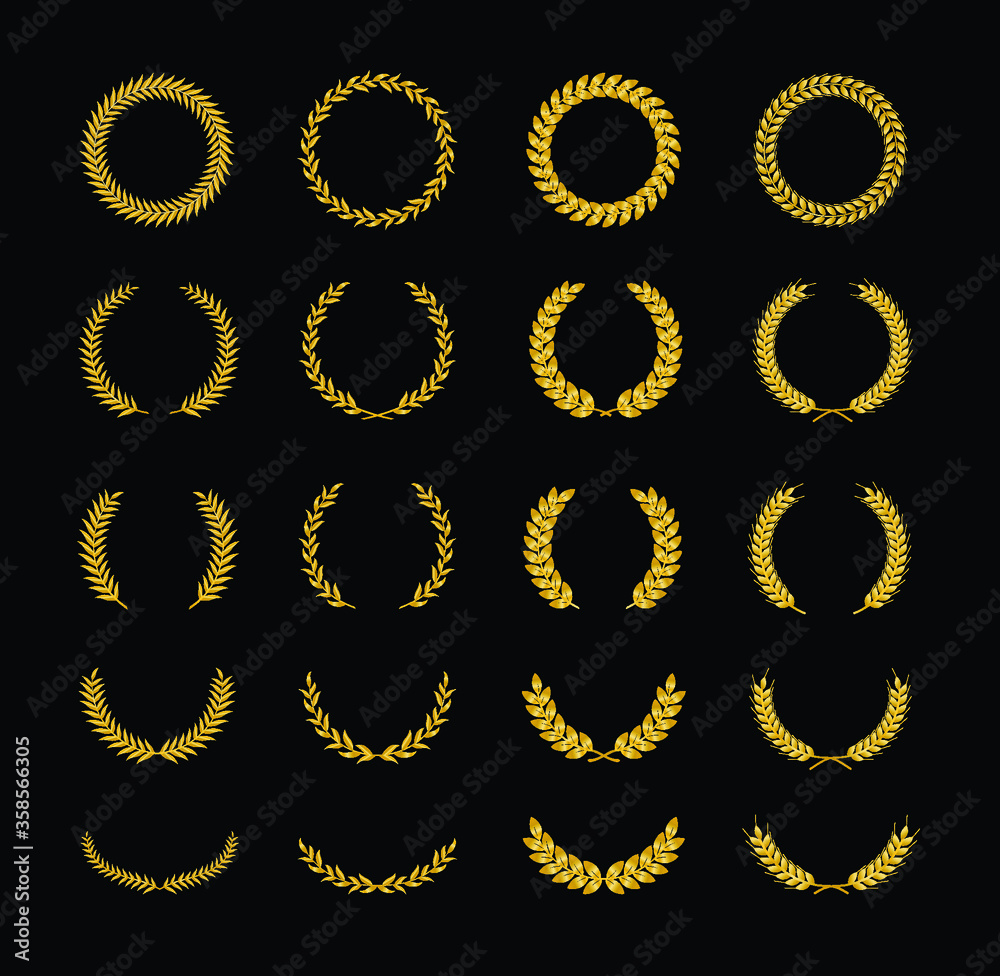 Set of different golden silhouette circular laurel foliate and wheat ...