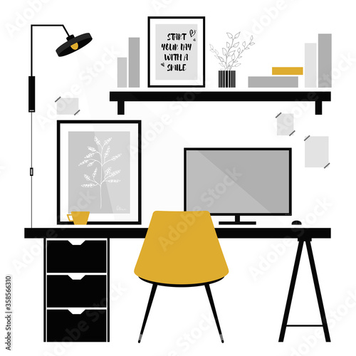 Table icon. Cozy and comfortable workplace with a computer, office, minimalist scandinavian interior, freelance. Sweet Home. Great for postcards, textiles, stickers. Isolated white background.