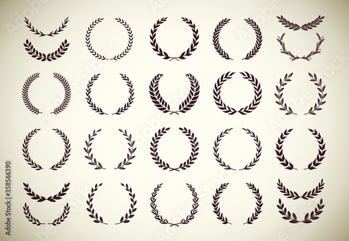 Set of different vintage silhouette laurel foliate, olive, and wheat wreaths depicting an award, achievement, heraldry, nobility, emblem, logo, border. Vector illustration.