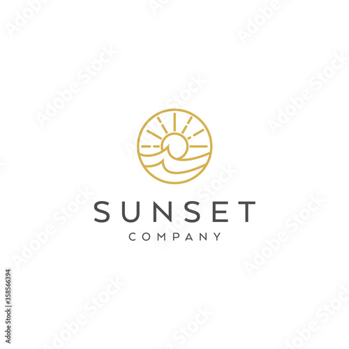 Vector outline of Sea  Sun and Wave Logo Design Template in gold