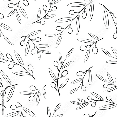 Vector hand drawn seamless pattern with outline olive branches. Floral, retro design element. Can be used for textile, book cover, packaging, wallpaper, pattern fills, surface textures.