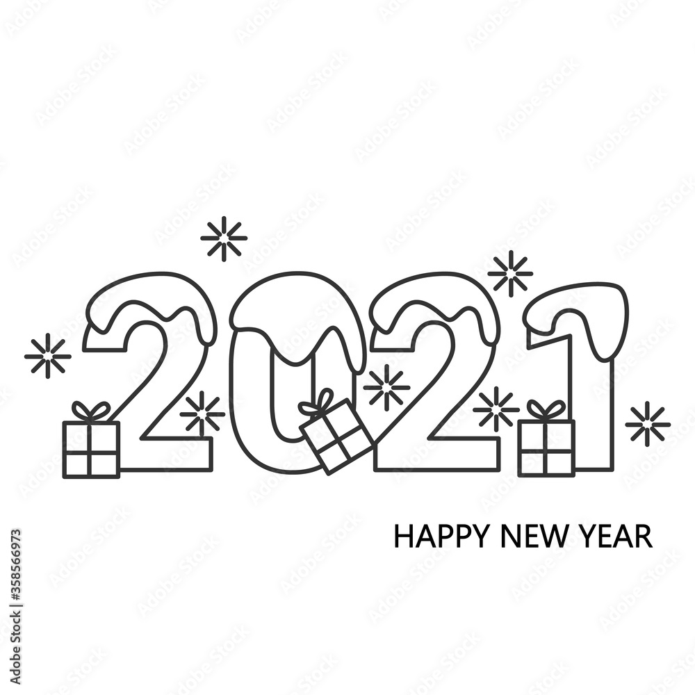 2021 Happy New Year calligraphic greeting lettering with snow flakes and gift boxes. Linear digits for greeting card, Christmas party invitation sale announce and banner. Editable vector illustration 2021 Happy New Year calligraphic greeting lettering with snow flakes and gift boxes. Linear digits for greeting card, Christmas party invitation sale announce and banner. Editable vector illustration
