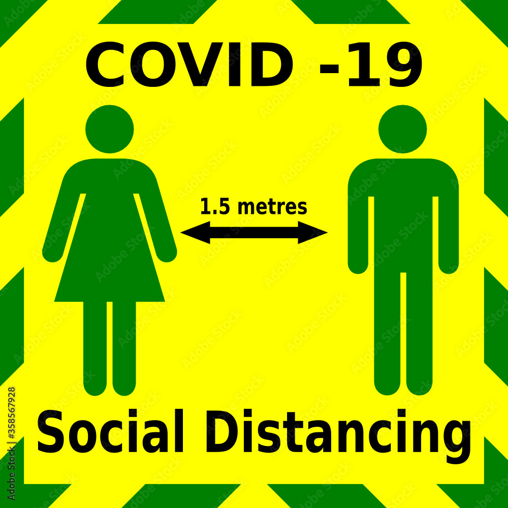Green and yellow vector graphic of a man and a woman, warning to keep one and a half metres apart whilst social distancing during the corona virus outbreak.
