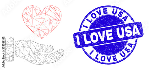 Web mesh heart donation hand icon and I Love USA stamp. Blue vector rounded textured seal stamp with I Love USA title. Abstract frame mesh polygonal model created from heart donation hand icon.