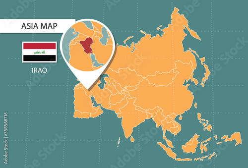 Iraq map in Asia zoom version, icons showing Iraq location and flags.	