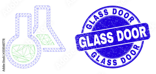 Web carcass chemical glassware icon and Glass Door watermark. Blue vector round scratched watermark with Glass Door phrase.