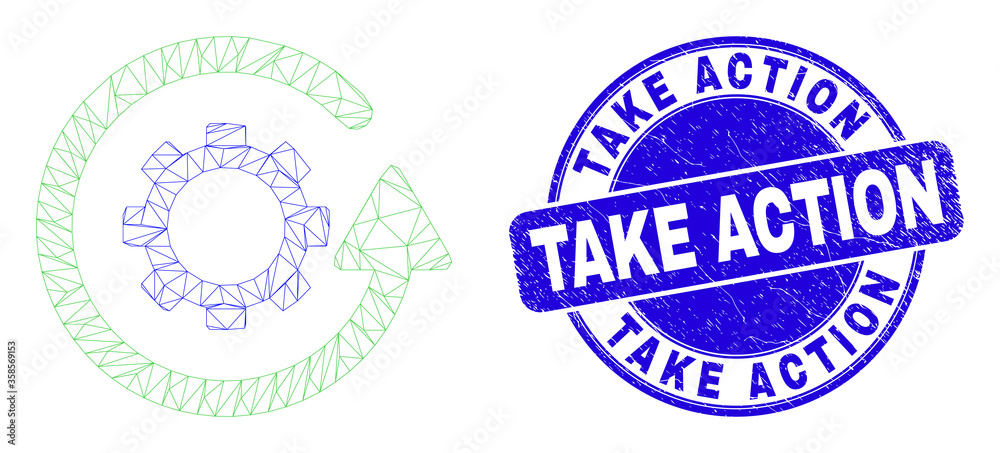 Web mesh gear rotation icon and Take Action stamp. Blue vector round textured seal stamp with Take Action phrase. Abstract frame mesh polygonal model created from gear rotation icon.