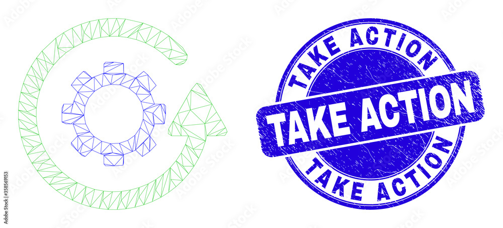 Web mesh gear rotation icon and Take Action stamp. Blue vector round textured seal stamp with Take Action phrase. Abstract frame mesh polygonal model created from gear rotation icon. Web mesh gear rotation icon and Take Action stamp. Blue vector round textured seal stamp with Take Action phrase. Abstract frame mesh polygonal model created from gear rotation icon.