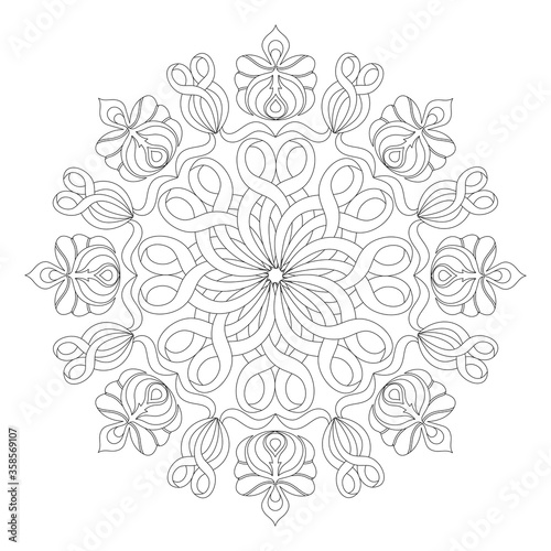 black and white flower pattern isolated on white background. beautiful round ornament. outline drawing by hand. embroidery, pattern, coloring.