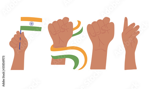 happy independence day india, raised hands with flag and fist gesture