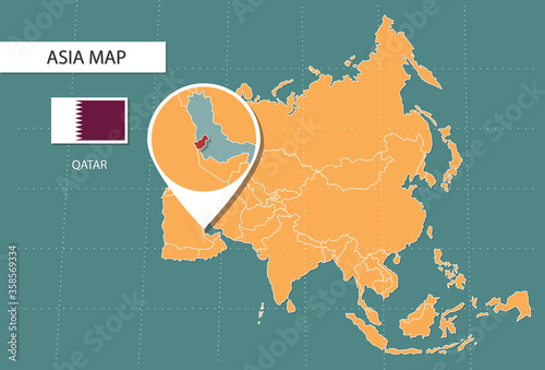 Qatar map in Asia zoom version, icons showing Qatar location and flags.	