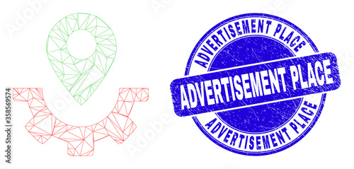 Web carcass service map marker icon and Advertisement Place seal. Blue vector round scratched seal stamp with Advertisement Place caption.