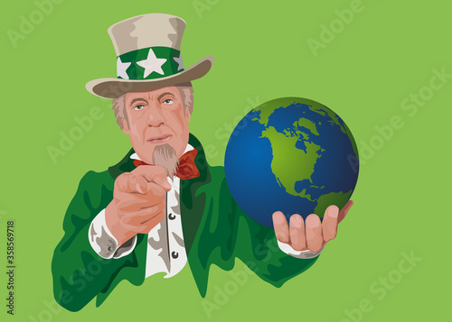 Concept de la protection de l’environnement aux États-Unis avec le symbole de l’Oncle Sam qui tient le globe terrestre dans sa main et pointe son doigt de l’autre. 