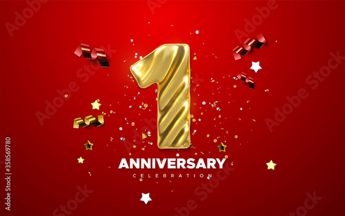 1st Anniversary celebration. Golden number 1 with sparkling confetti, stars, glitters and streamer ribbons. Vector festive illustration. Realistic 3d sign. Birthday or wedding party event decoration