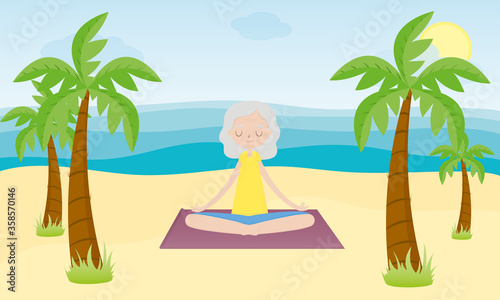 Yoga on the beach. Elderly woman in the Lotus position on the beach with palm. Yoga class. Woman doing yoga on the coast. Healthy lifestyle. Flat cartoon style vector illustration.
