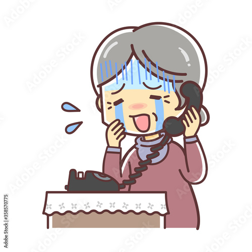 固定電話で高齢の女性（涙）