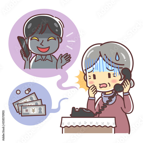詐欺の電話を受ける高齢の女性