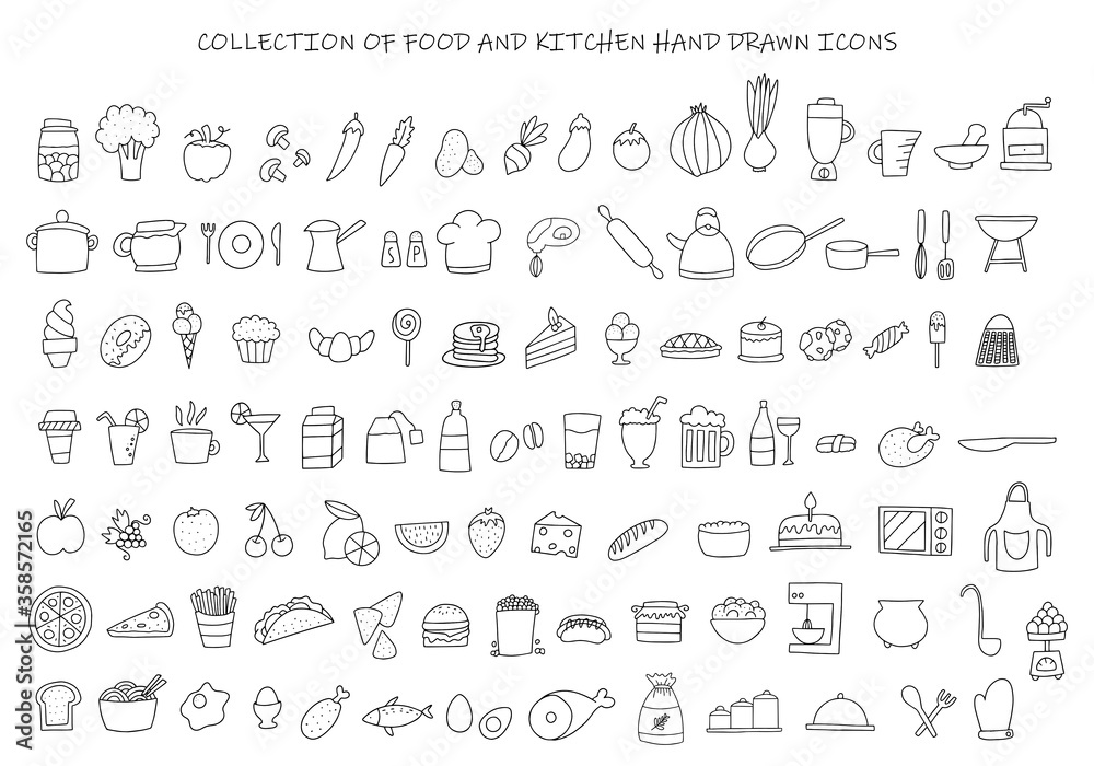 Collection of handdrawn food elements. Food doodles.