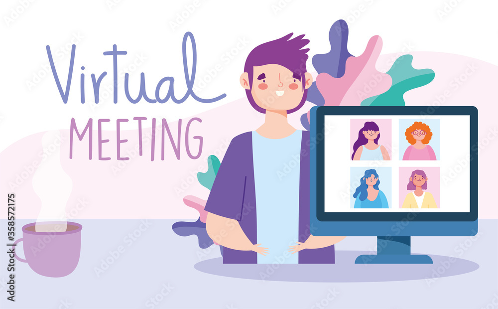 online meeting or conference during coronavirus covid 19, young man with computer and group female online meeting or conference during coronavirus covid 19, young man with computer and group female