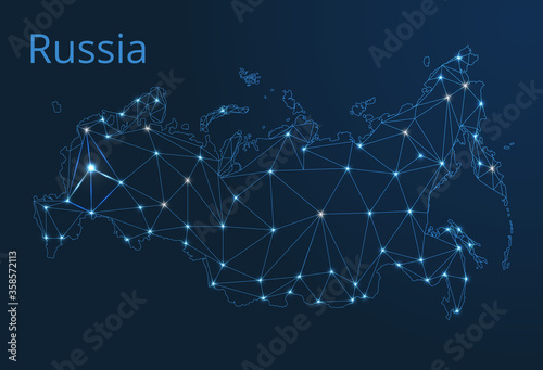 Russia communication network map. Vector low poly image of a global map with lights in the form of cities