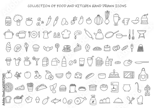 Collection of handdrawn food elements. Food doodles.