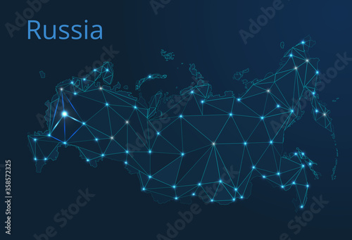 Russia communication network map. Vector low poly image of a global map with lights in the form of cities