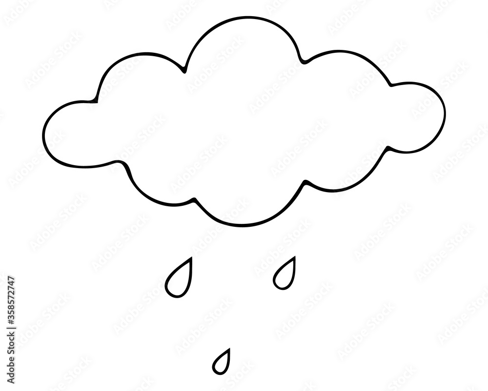 Rain. Cloud and raindrops. Sketch. Vector illustration. Outline on an isolated white background. The beginning of a downpour. Weather forecast. The sky is crying with pure tears. Doodle style. 