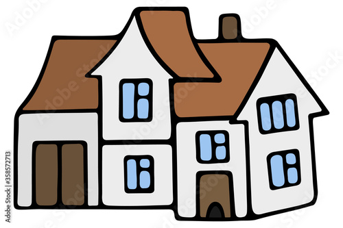 House with windows, doors and garage. Vector illustration. Isolated white background. Stay safe. Modern mansion. Cottage. Cozy place of residence. Cartoon style. Illustration for web design, sticker. 
