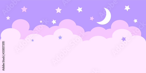  The moon, stars, clouds. A light background in delicate pink and purple colors. Design for a children's bedroom.