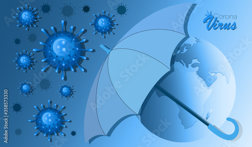 Planet Earth. Planet protection. Antivirus protection. Vector background with umbrella from coronavirus attack.