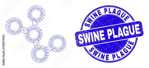 Web carcass microbes pictogram and Swine Plague seal. Blue vector rounded distress seal with Swine Plague title. Abstract carcass mesh polygonal model created from microbes pictogram.