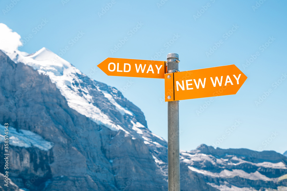 Old way or new way choice text panel with snowy mountain background. Change challenge innovation business concept